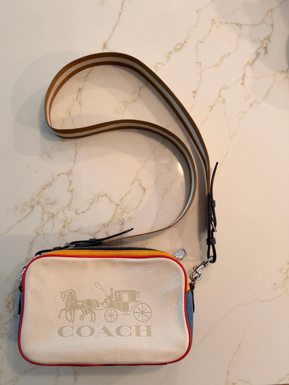 Coach Cream Pebbled Leather Crossbody with Red, Yellow & Blue Trim